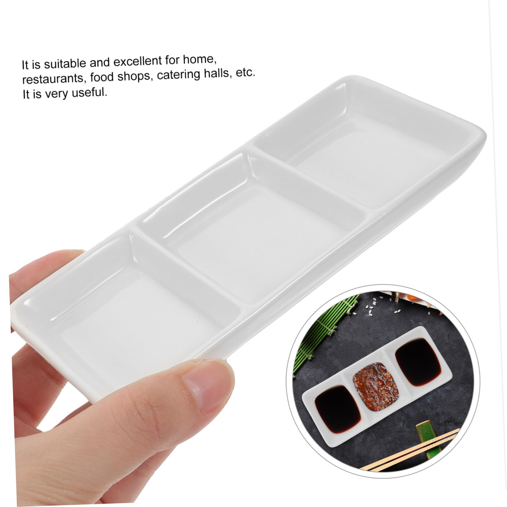 Set 5 Pezzi Piatti in Ceramica Bianca 3 Scomparti per Condimenti e Snack, Portatile per Catering e Tavola da Pranzo