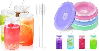 Joyclub Bundle of 4pcs Glass Cups with Acrylic Lids and Straws 16 oz and 4 Pack Acrylic Lids for 16 oz Glass Cups