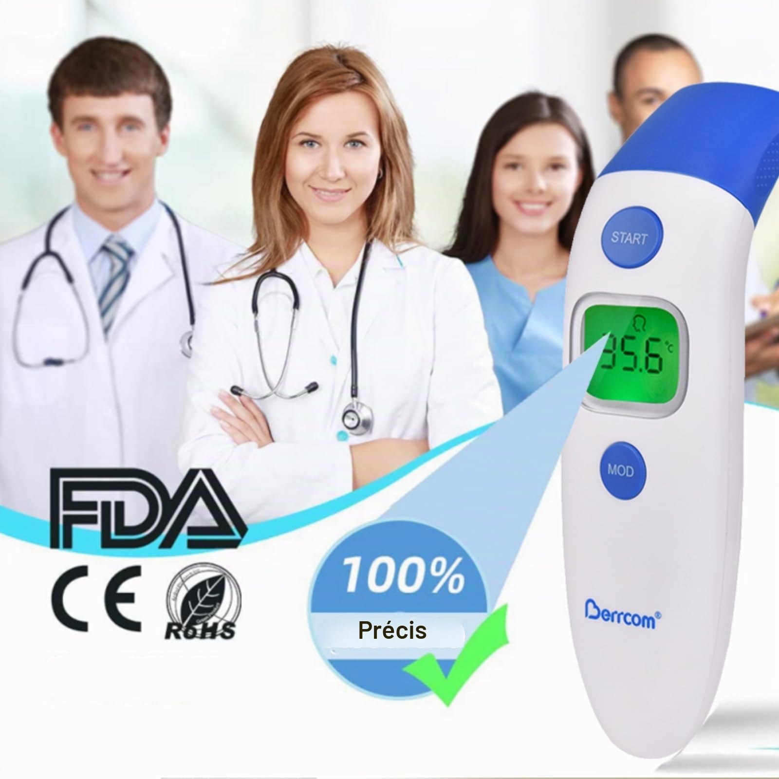 Thermomètre Frontal et Auriculaire, Berrcom Thermomètre Médical pour Enfants et Adultes, Thermomètre Numérique Infrarouge sans Contact avec Alerte Fièvre, Mesures Rapides et Précises