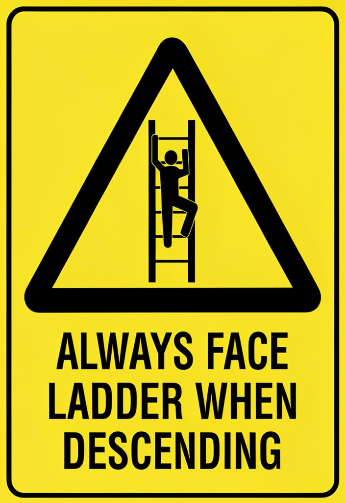 peiyeety 12x8 Inch Tin Safety Sign Face Ladder When Descending Yellow Warning Metal Plaque, High-Contrast Wall Decor for Garage, Workshop, Jobsite, Home & Office Gift Idea