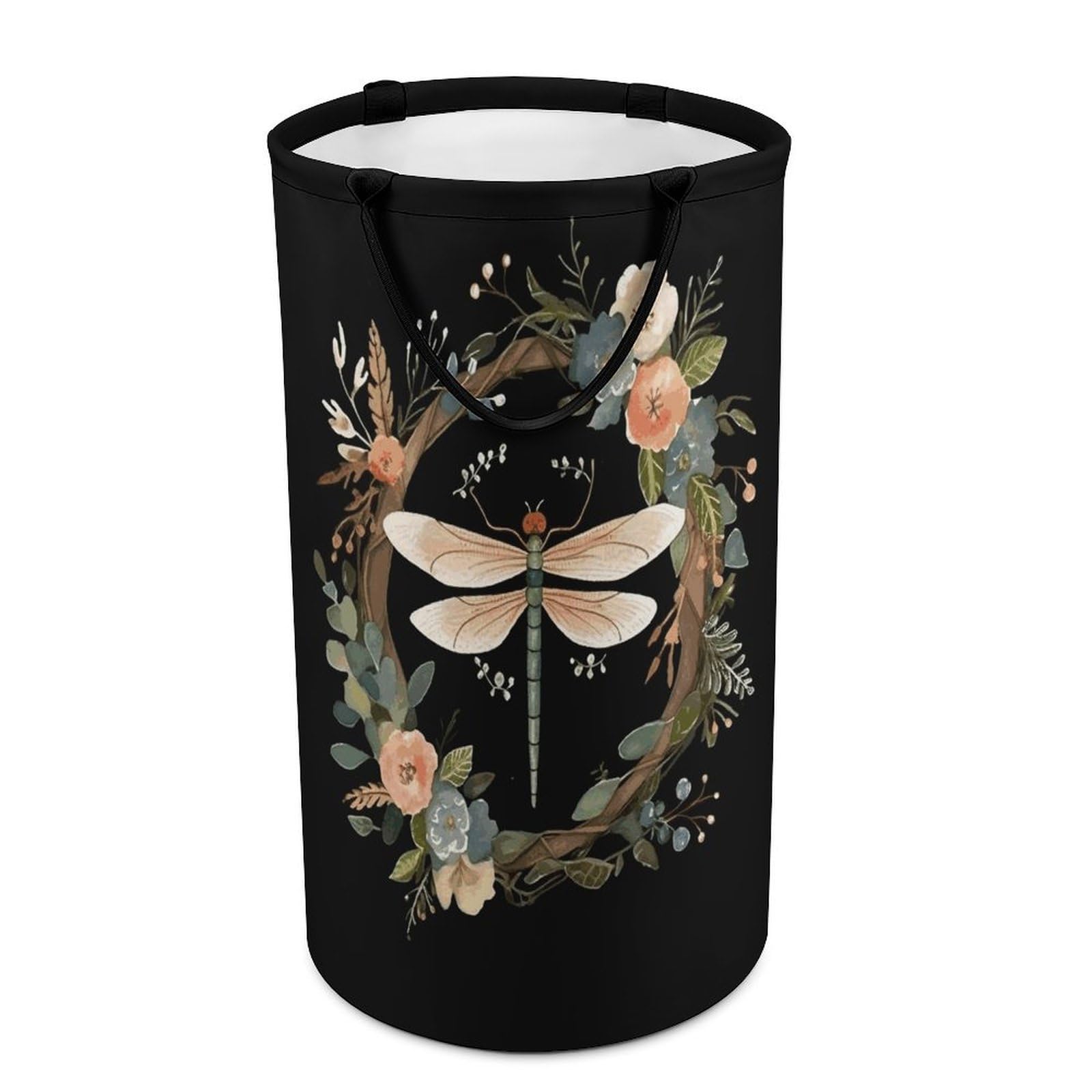 Image of Dragonfly in Wreath Laundry Basket Waterproof And Moisture-Proof Storage Bins Collapsible Round Laundry Hamper Perfect for Toys, Clothes And Sundries