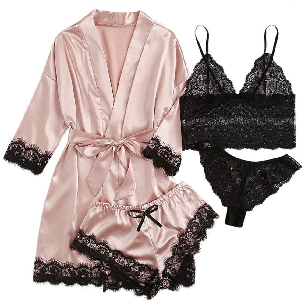 iSpchen Pyjama 4 pièces pour femme - Ensemble pyjama long - Sous-vêtements sexy en dentelle - Pantalon court - Chemise de nuit - Printemps été automne - Robe de chambre douce - Vêtement de nuit -