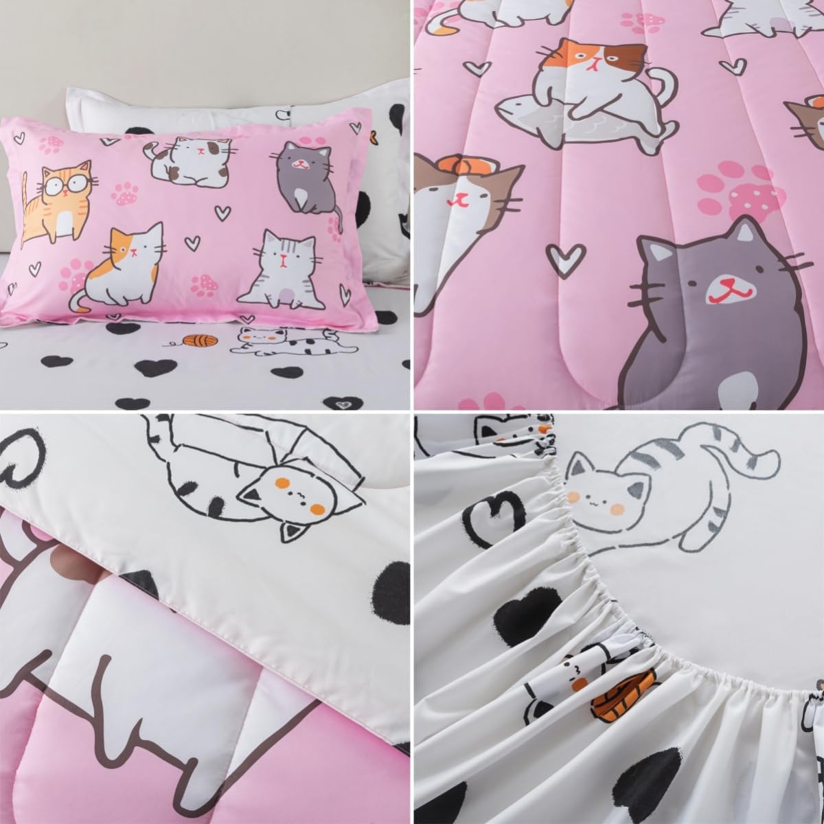 lishjekee 6 Pieces Cats Comforter Twin for Girls Cute Pink Cat Bedding Set Bed in A Bag for Kids Kawaii Pet Kitten Comforter and Sheets Set Cartoon Animal Bed Sets for Teens Home Decor