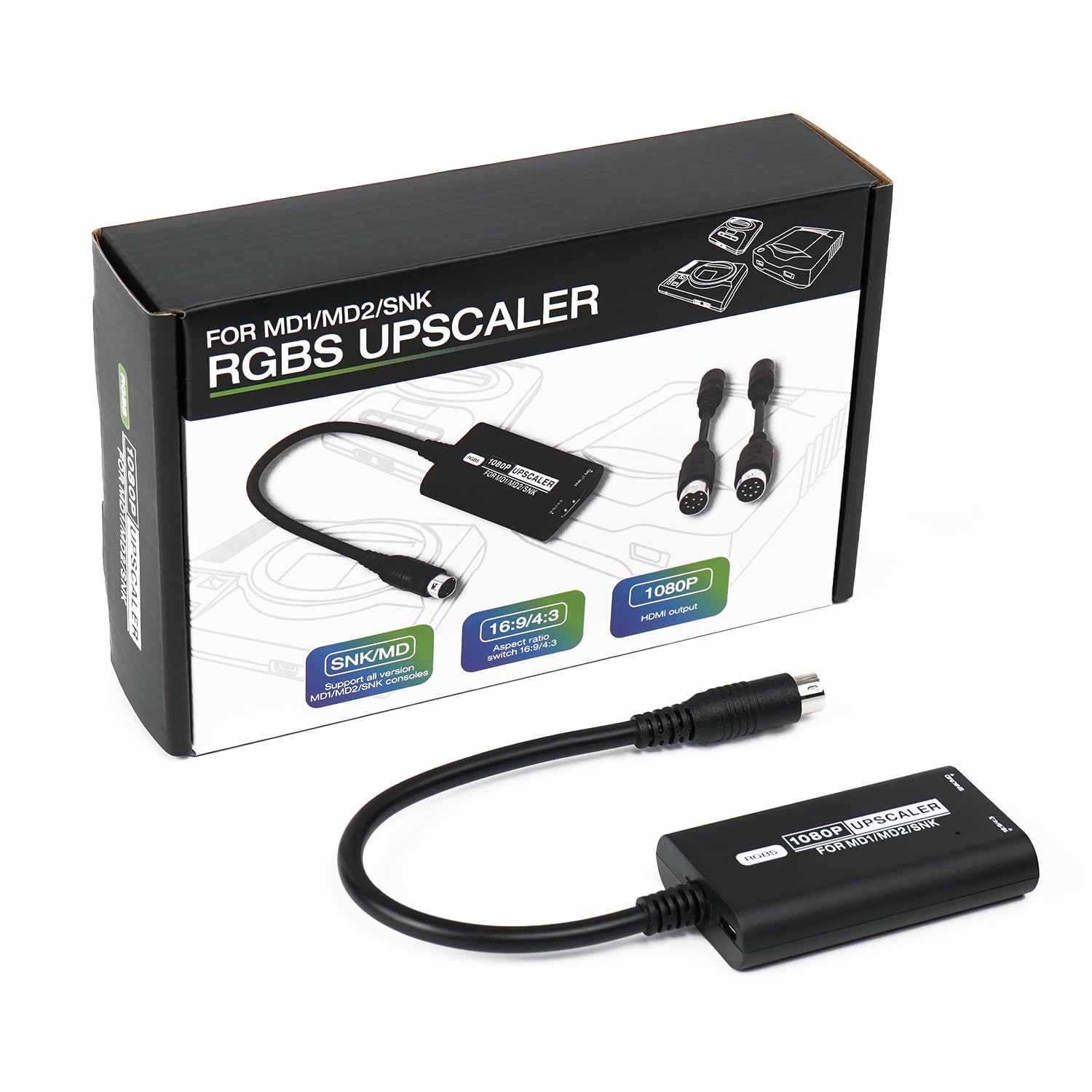 SEGA Genesis/Megadrive/SNK HDMI™ Adapter - Supports RGBS to 1080P HDMI™ Upscaler and 16:9/4:3 Switch, Plug & Play Video Game Adapter with No Lag, for Genesis MD1/2 SNK