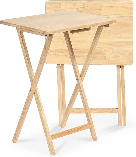 PJ Wood Mesa rectangular plegable portátil para servir aperitivos, construcción de madera maciza con acabado natural, natural, juego de 2 piezas
