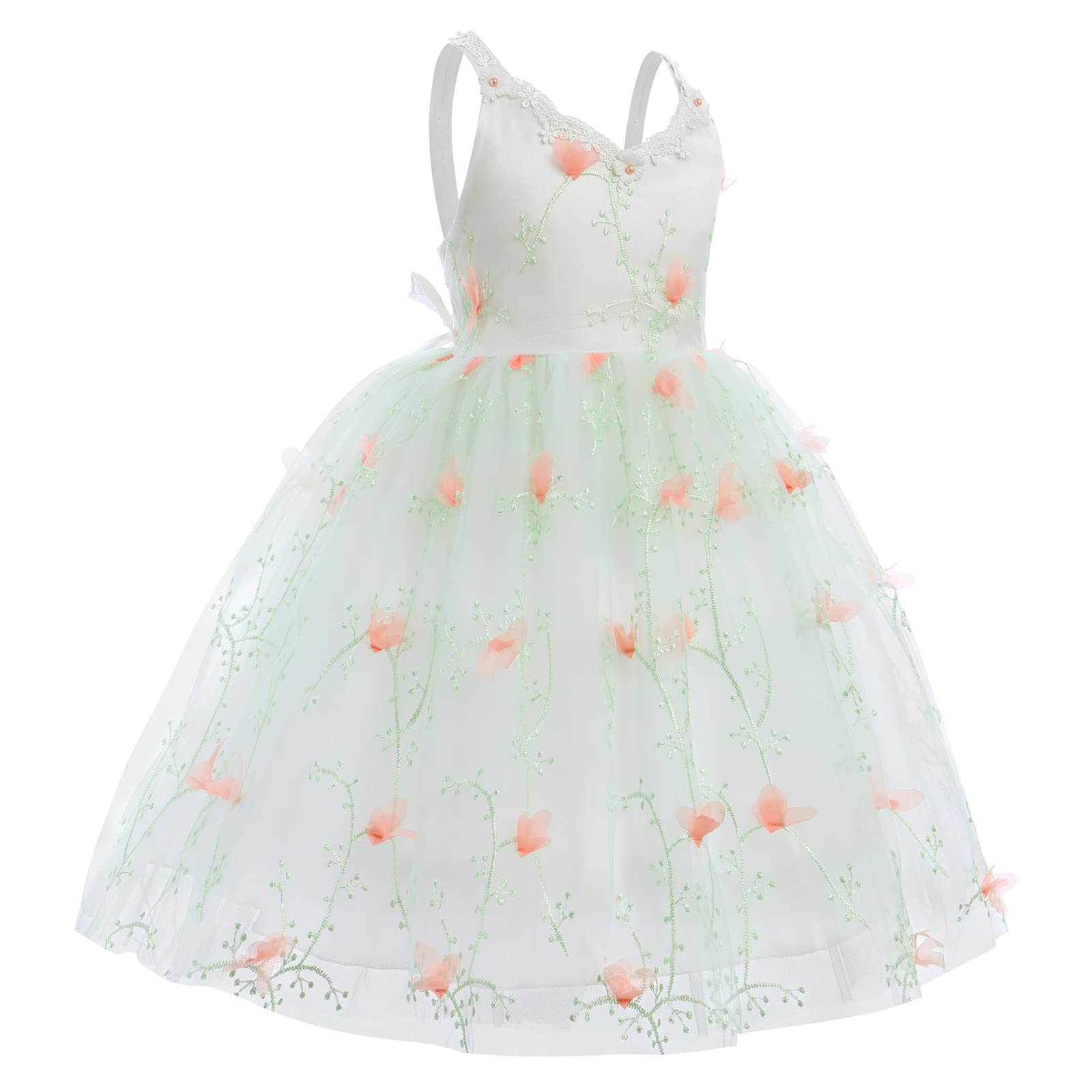 IWEMEK Wedding Flower Girl Spaghetti Strap Dress Baby Applique Summer Dresses Backless Princess Holiday Pageant Junior Bridesmaid Dress Communion Baptism Birthday Party Ball Gown Green 18-24 Months