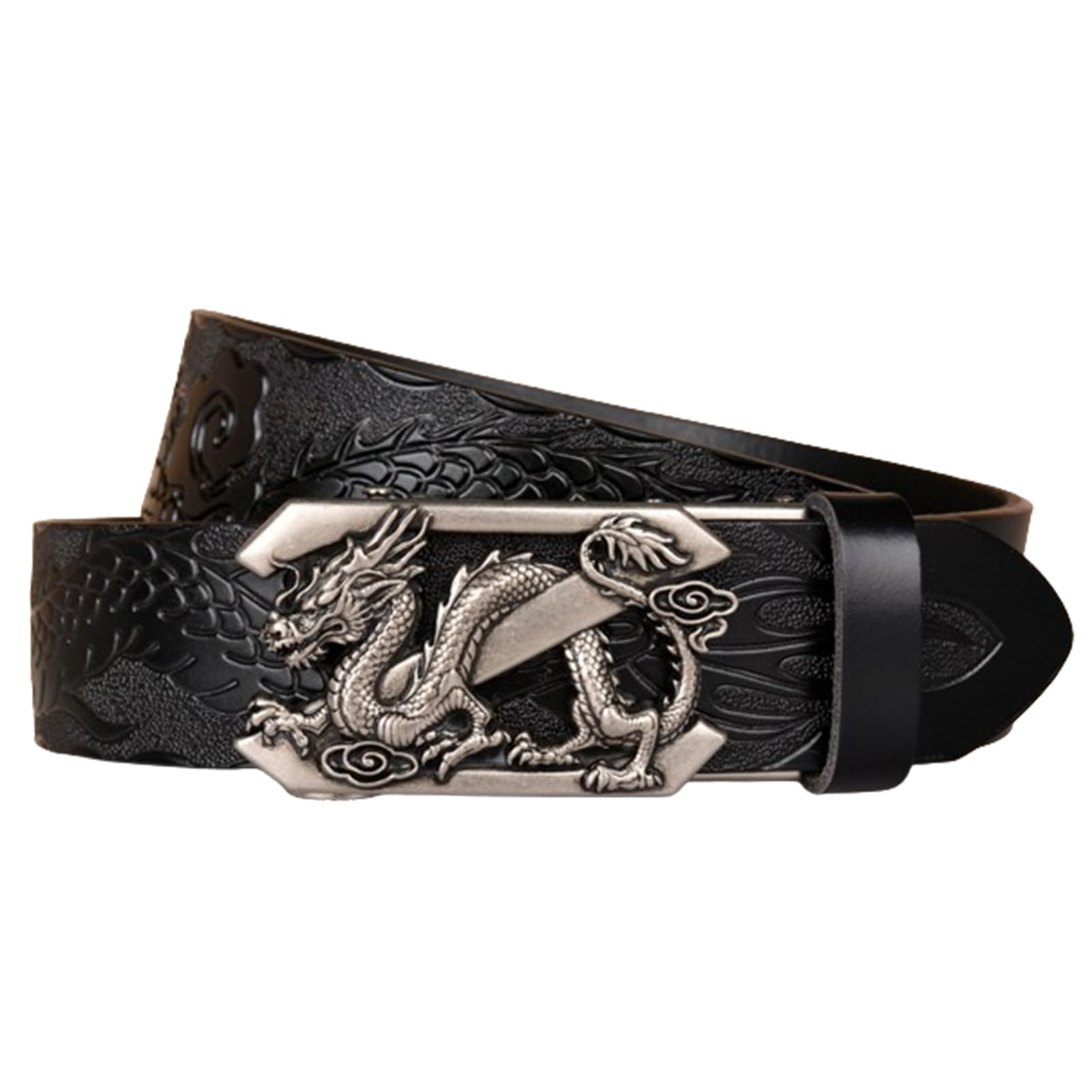 Nalany Men's Black Ratchet Belt With Engraved Dragon Slide Buckle Western Cowboy Dragon Engraved Handmade Embossed Belts For Jeans(130Cm/51, )