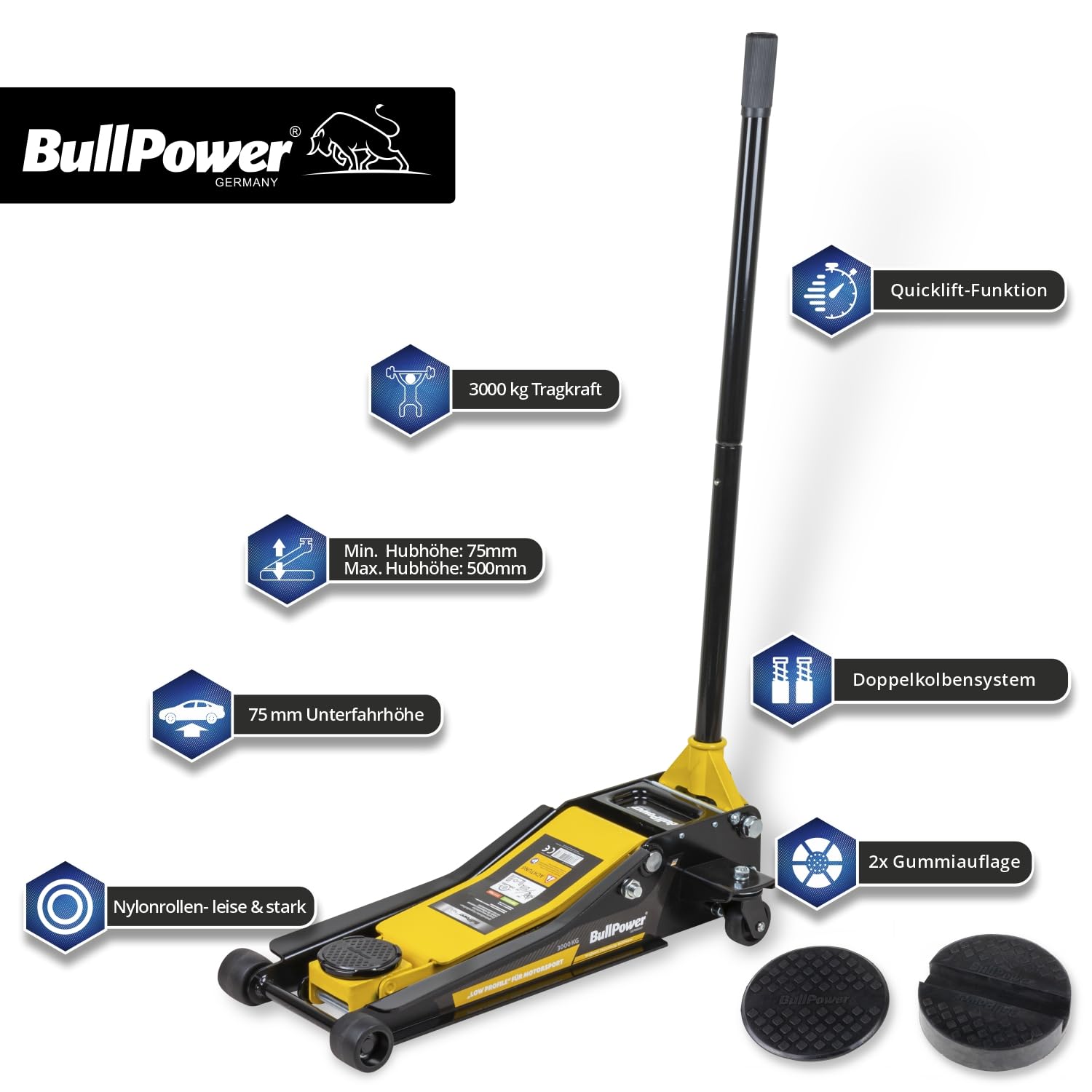 BullPower BP8000 Hydraulischer tiefer Racing Rangierwagenheber 3T Quicklift 3000kg 75-500mm, Wagenheber für Racing Sportwagen, Rennsport + 2X Gummiauflage