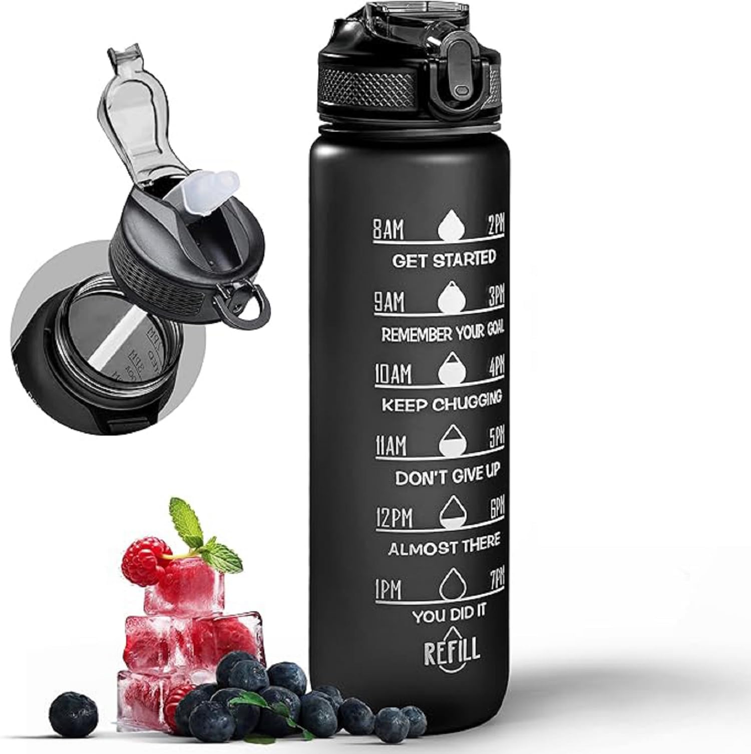 Active 100 1L Water Bottle with Straw, Motivational Time Marking | Dishwasher Safe | Leak-Proof | BPA-Free Drinks Bottle for Fitness, Work, Travel & Outdoor Use