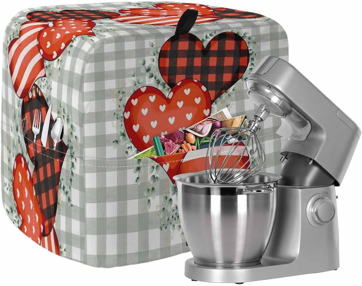 Valentine's Day Stand Mixer Cover with Storage Pocket, Waterproof Kitchen Mixer Covers, Love Heart Sage Green Leaves Buffalo Plaid Kitchen Appliance Dust Cover Compatible with 4/4.5 Quart Mixers