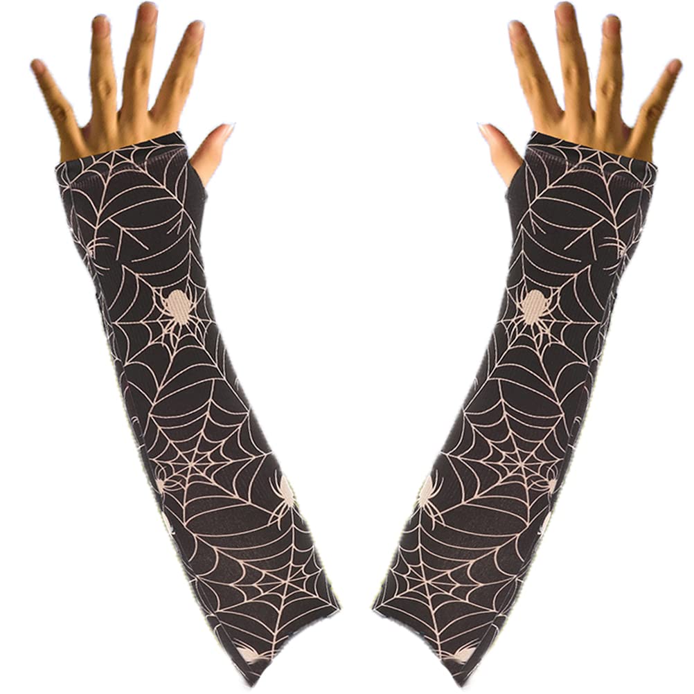 Amosfun 1 Pair Halloween Gloves Arm Sleeve Spider Web Knitted Long Arm Cover Fingerless Sun Protection Sleeve Arm Warmers for Women Men