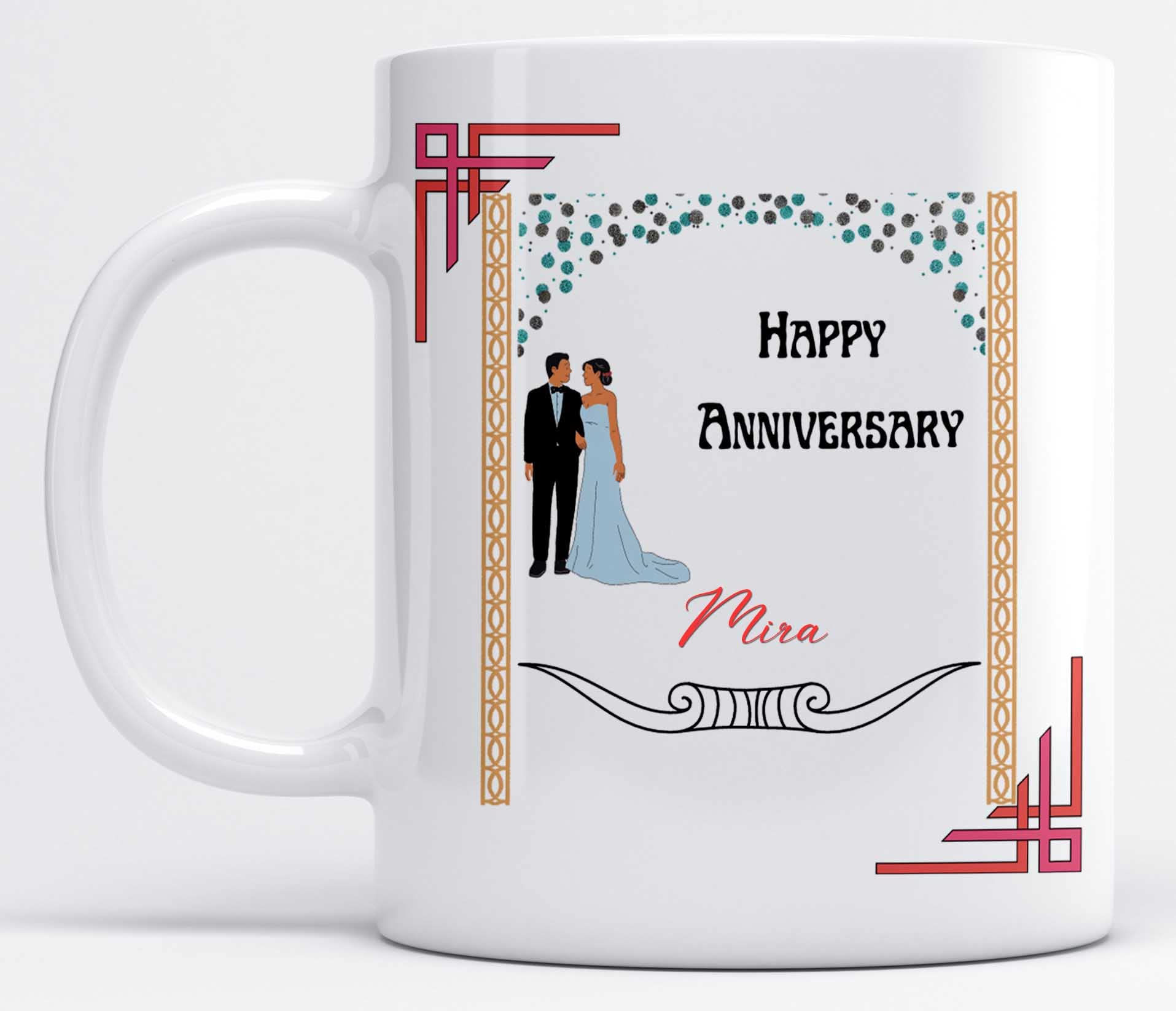 LOROFY Name Mira Printed Happy Anniversary Wish Design Ceramic Coffee Mug (350ML)