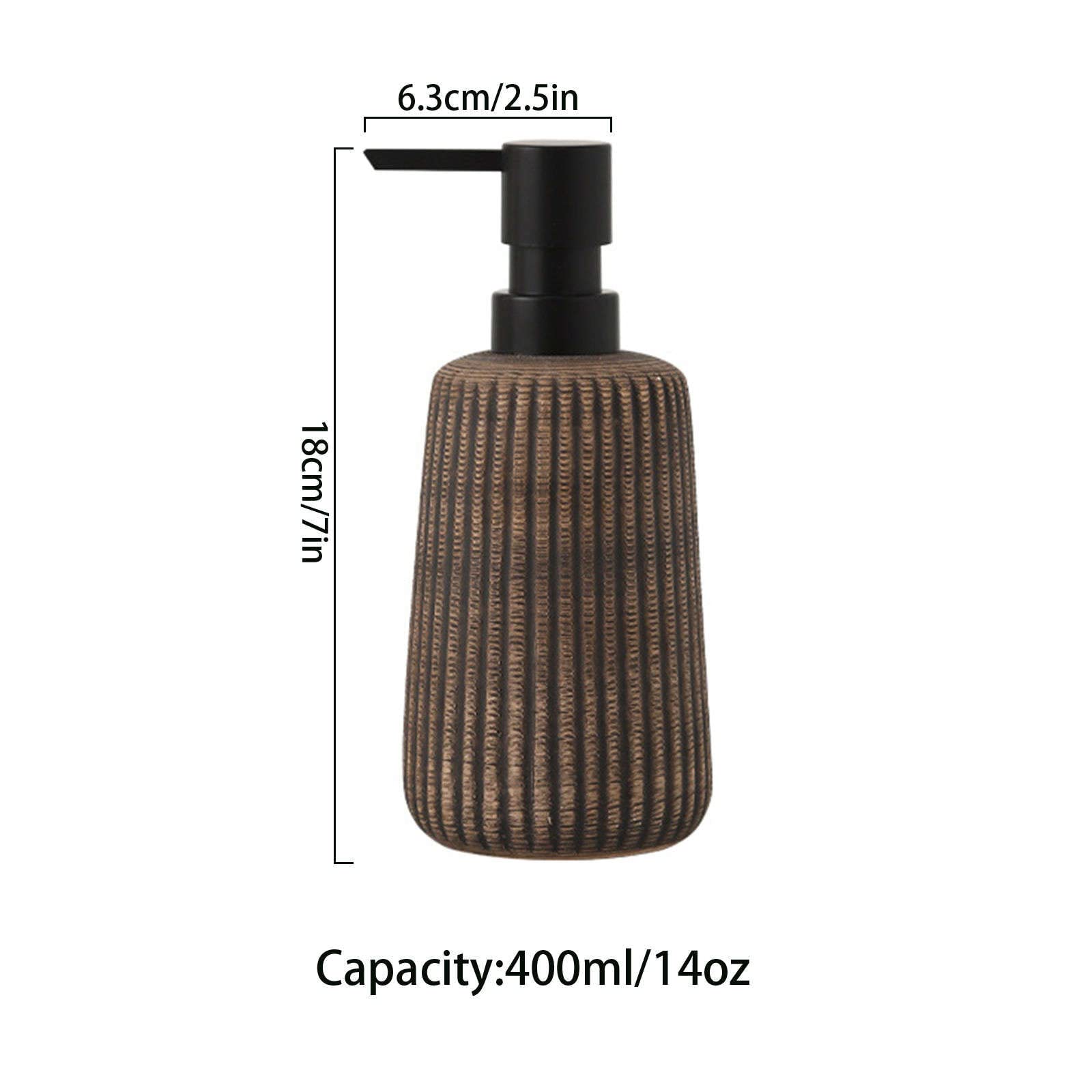 Dispensador de jabón, dispensador loción cerámica, Manos, rellenable, for baño o Cocina, marrón Oscuro, 400 ml/14 oz
