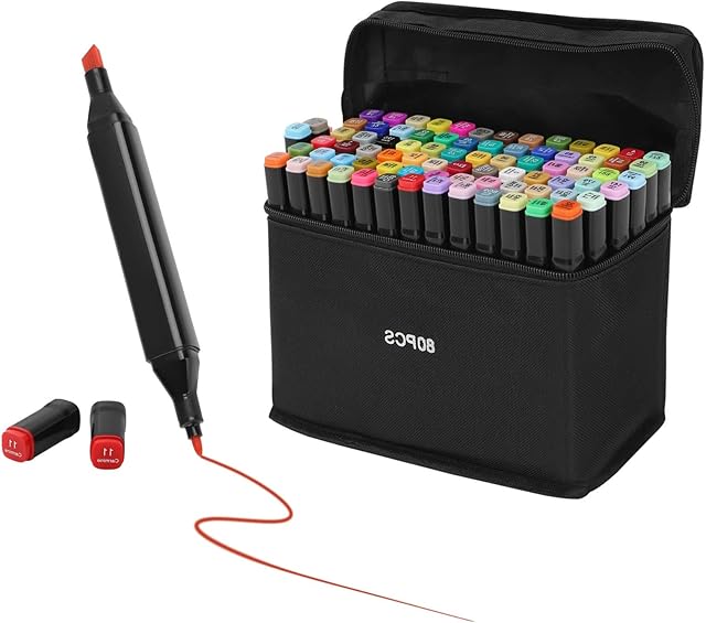 Youyijia 80 Colors Marker Pens Alcohol Markers Pens Oily Alcohol Twin Tips Graphic Art Markers Pen Fine Broad Gel Pens for Coloring Painting Manga Design(Black)