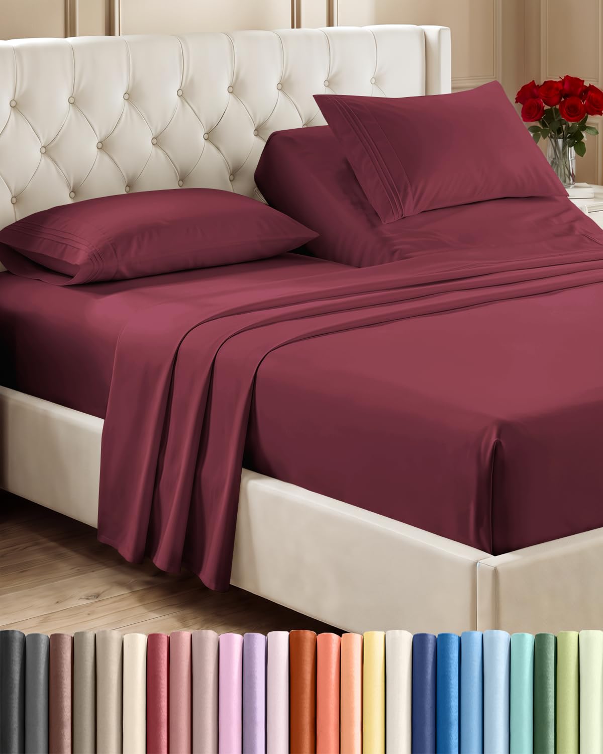 Flex Top Split Head King 4 Piece Sheet Set - Soft &amp; Breathable - Burgundy
