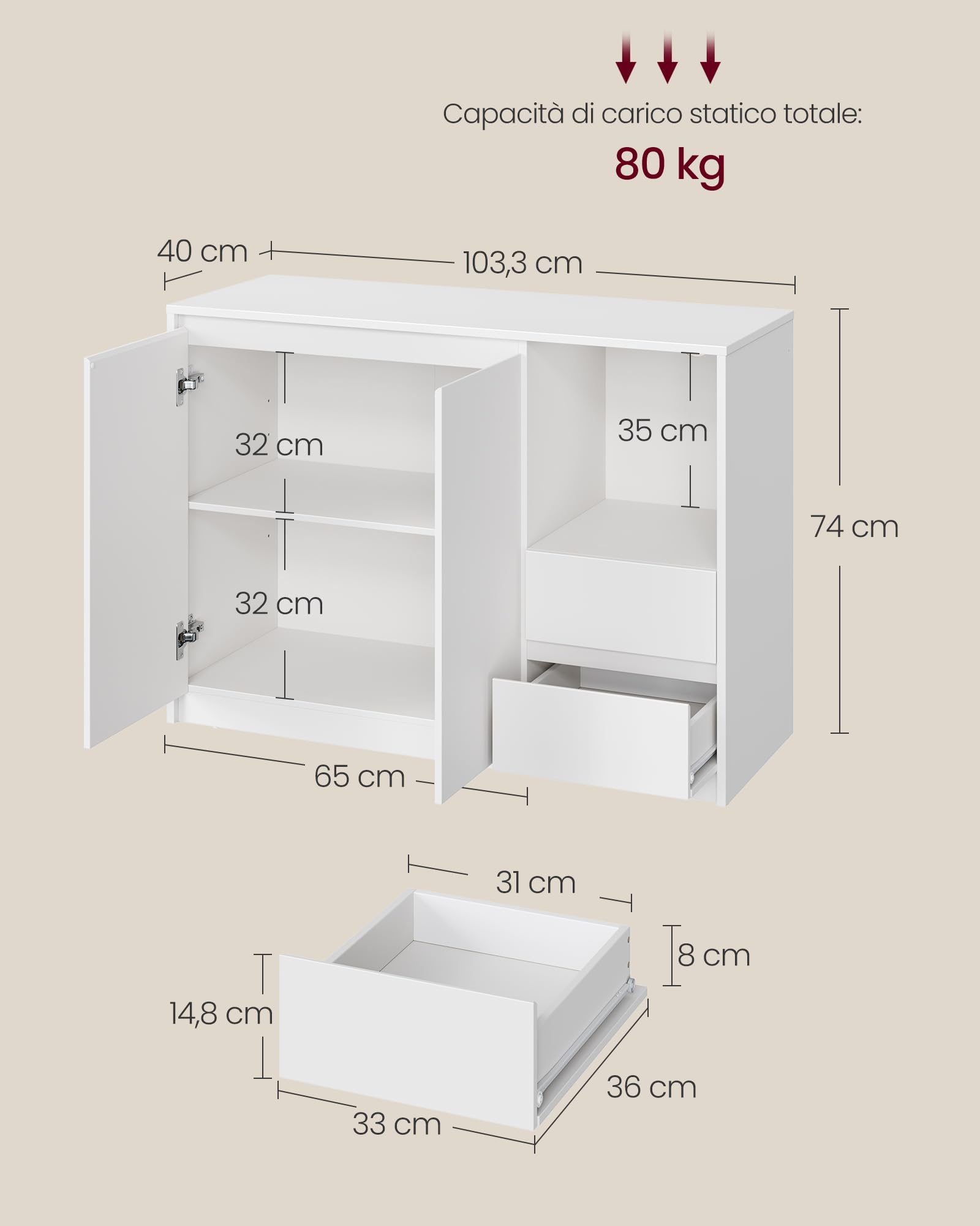 VASAGLE Credenza, 3 Cassetti, Ripiani Regolabili, 40 x 103,3 x 74 cm