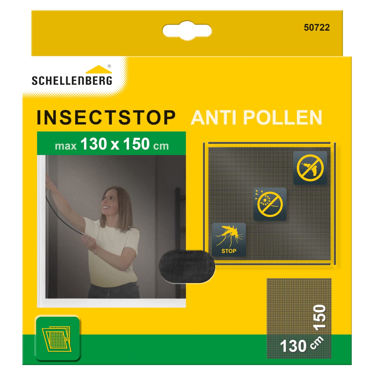 Schellenberg 50722 Pollenschutzgitter Set 130 x 150 cm, kombiniert Pollenschutz und Insektenschutz, einfache Klebe-Montage, inkl. Montagezubehör, anthrazit