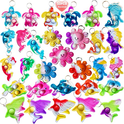 30 Packs Bulk Turtle Octopus Dolphin Mermaid Shark Fish Ocean Mini Pop Fidget Toys for Kids Classroom Students Bubble Prize, Summer Party Favors Gift