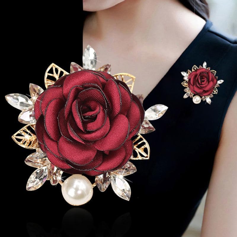 Image of Rose Flower Brooch for Women Large Flower Brooch Elegant Pearl Brooches Handmade Crystal Pearl Pins Fabric Floral Lapel Pin Christmas Valentine's Day Dress Suit Accessories