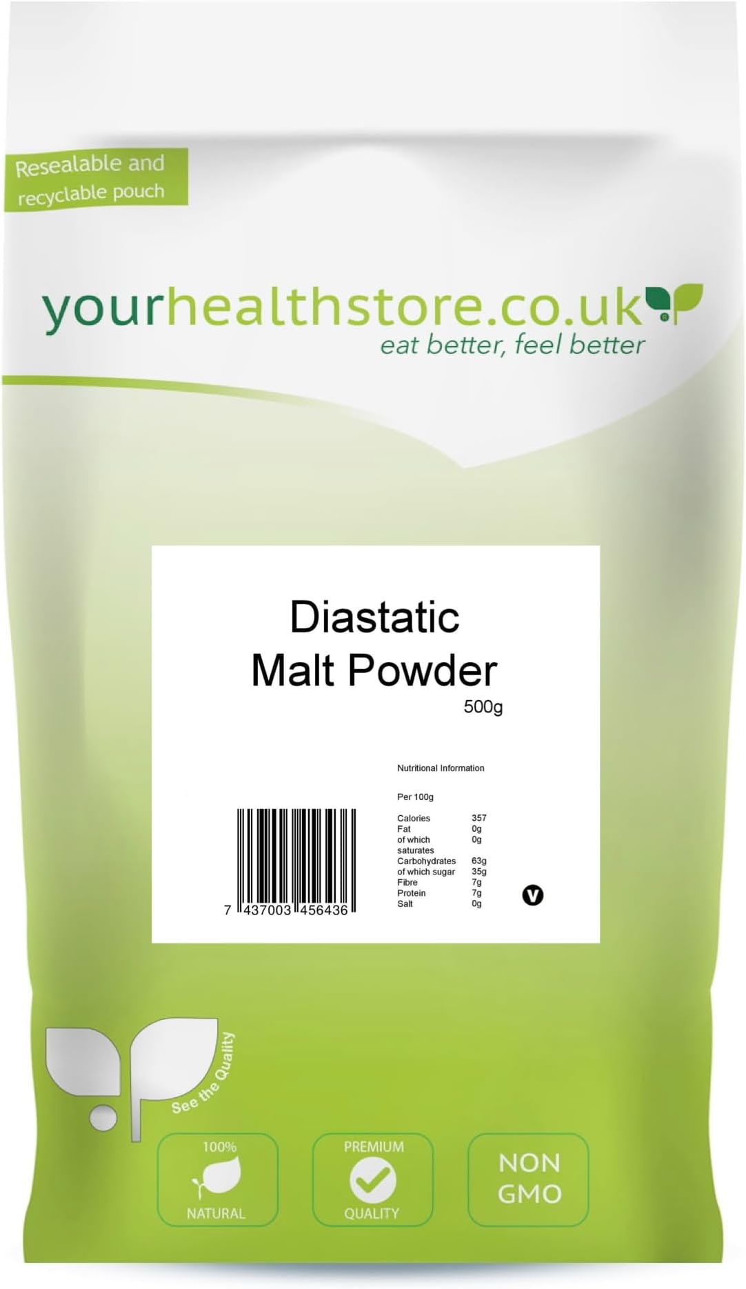 Diastatic Malt Powder 500g by yourhealthstore, 80-120 Lintner, Barley Malt for Bread Making (Resealable and Recyclable Pouch).