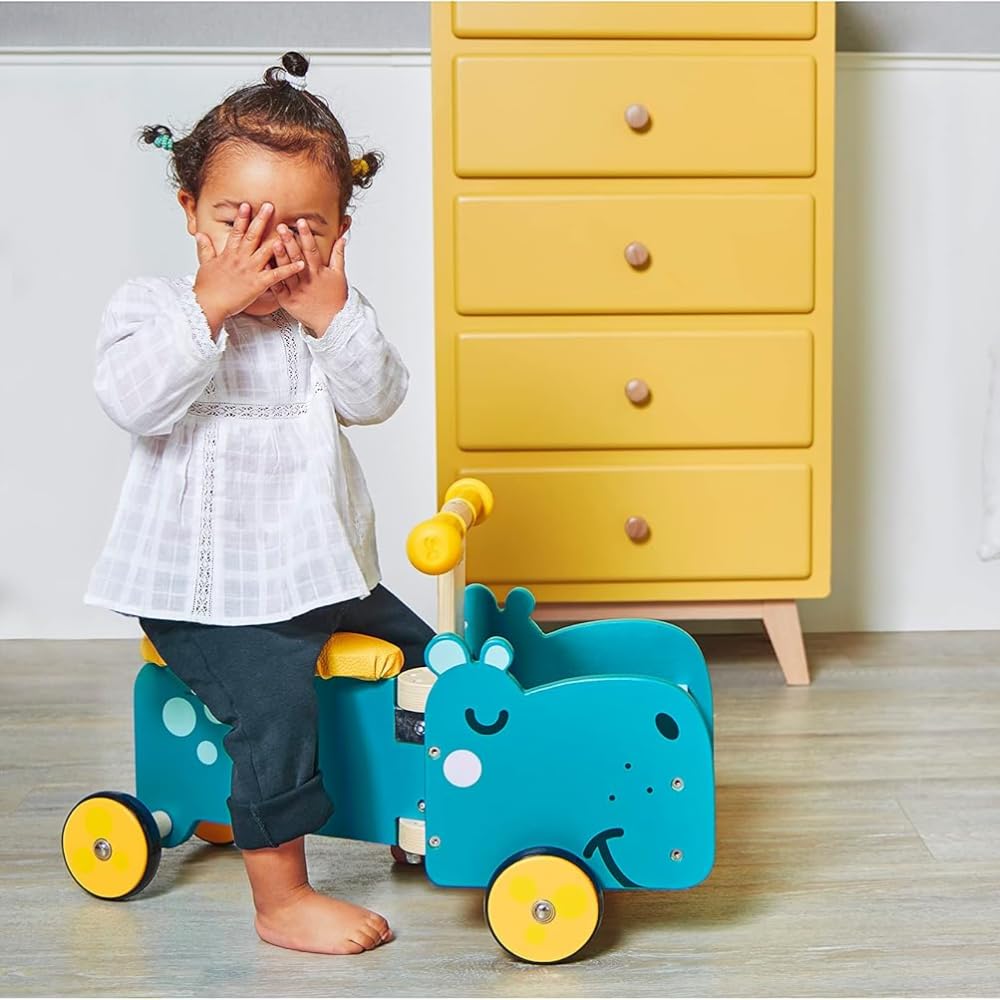 Janod - Cavalcabile per Bambini in Legno Ippopotamo - Maniglie Ergonomiche e Ruote Silenziose - Scomparto per Riporre - Apprendimento dell'equilibrio - A Partire dall'anno, J08003, Blu e Giallo