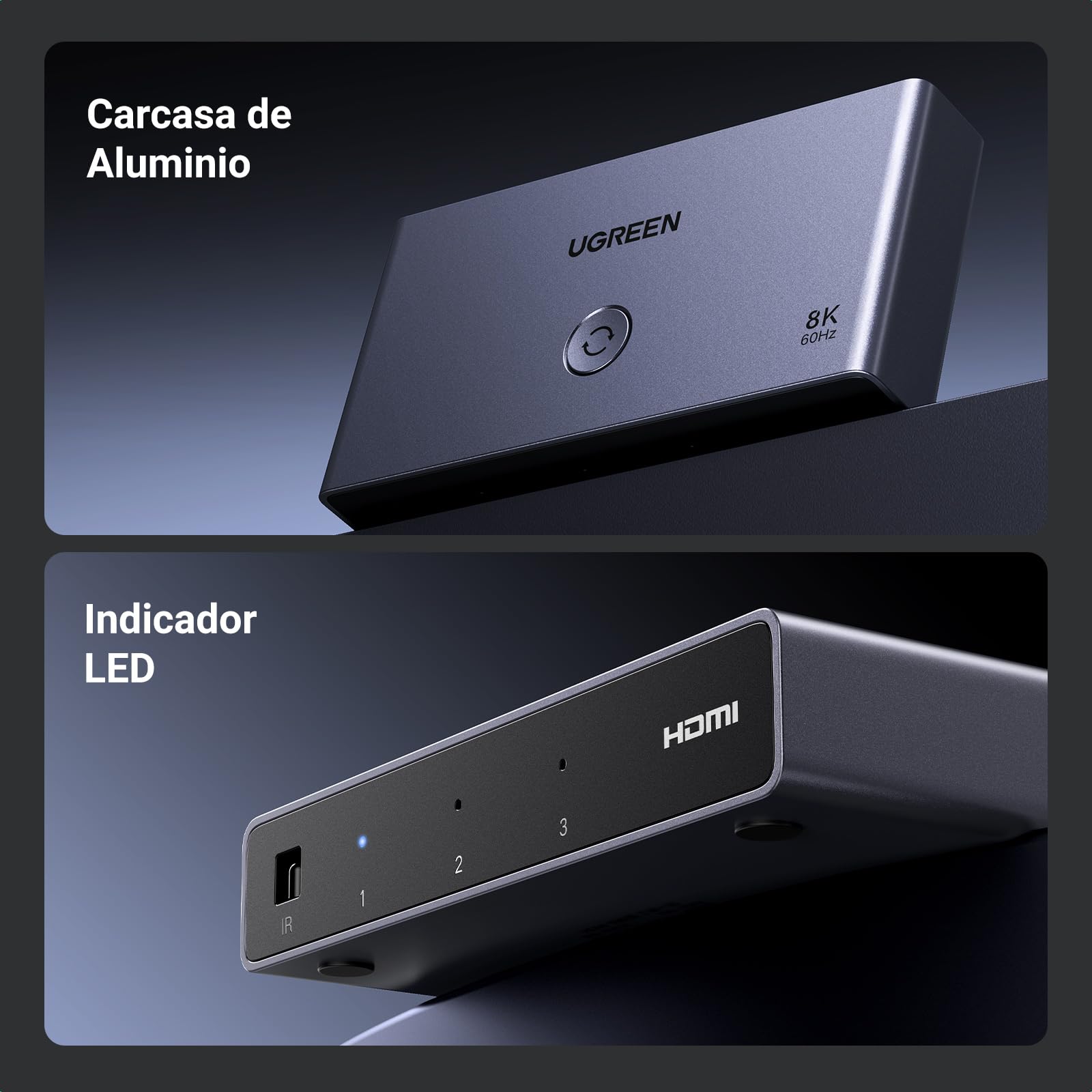 UGREEN Switch HDMI 2.1 8K 60Hz 4K 120Hz Switcher 3 Entradas a 1 Salida 1080P Dolby Vision Atmos HDR 3D Alta Velocidad 48Gbps Compatible con PC PS5 PS4 Xbox One 360 ​​DVD TV Box Proyector