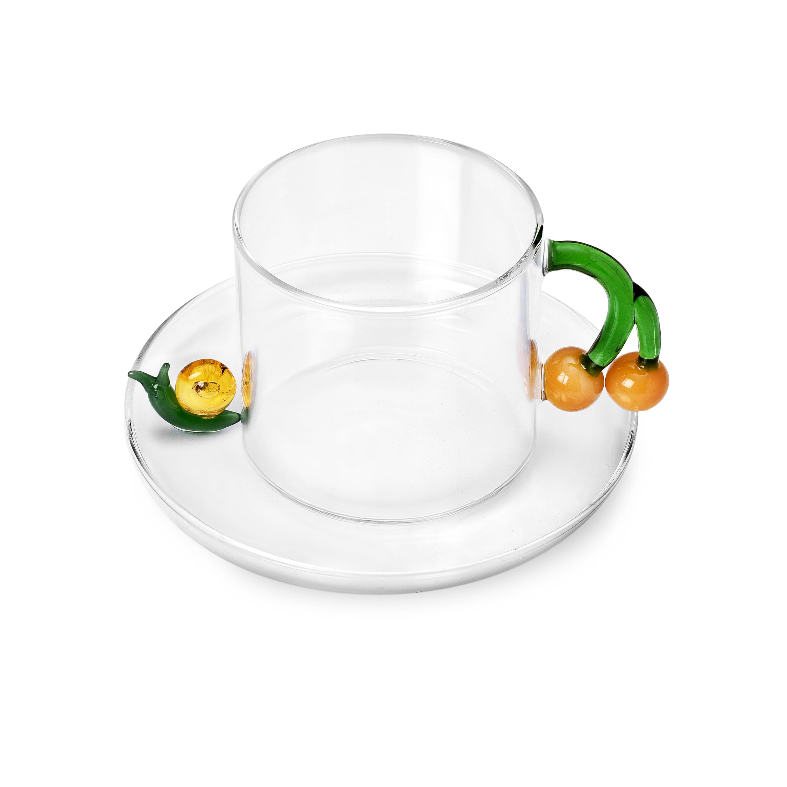 Ichendorf Milano - Taza de té bellota con plato de caracol, colección Fruits&Flowers, 30 cl, vidrio borosilicato, hecha a mano