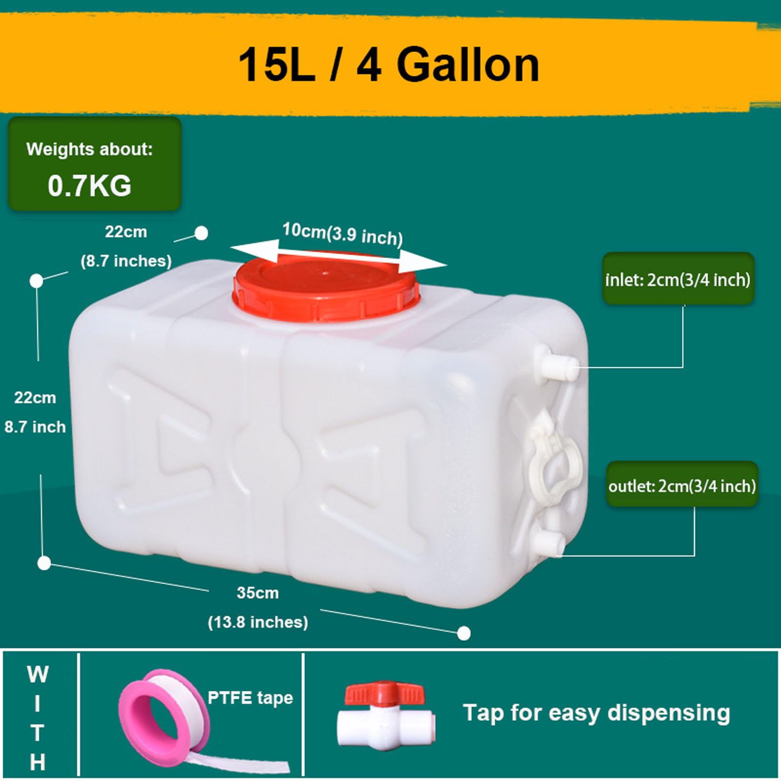 Bidon à Eau 15-110L Portable Reservoir Eau avec Poignée Robinet Jerrican Alimentaire pour Voyage, Voiture, Barbecue, Van, Cuisine, sans BPA(Size:15L/4 Gallon)