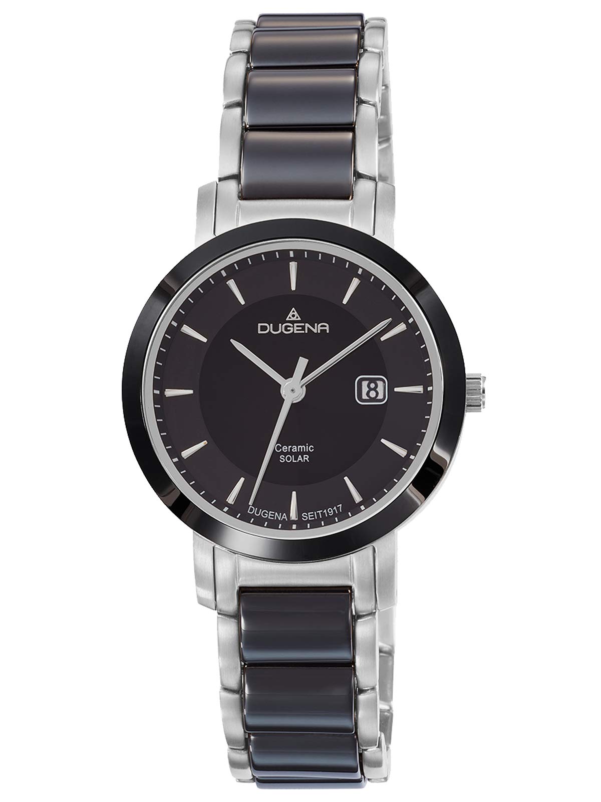 Dugena Damen-Armbanduhr 4461007 Ceramic Solar, Quarz, Solarbetrieb, schwarzes Zifferblatt, Keramik-Edelstahlgehäuse, Mineralglas, Keramik-Edelstahlarmband, Drückerfaltschließe, 5 bar