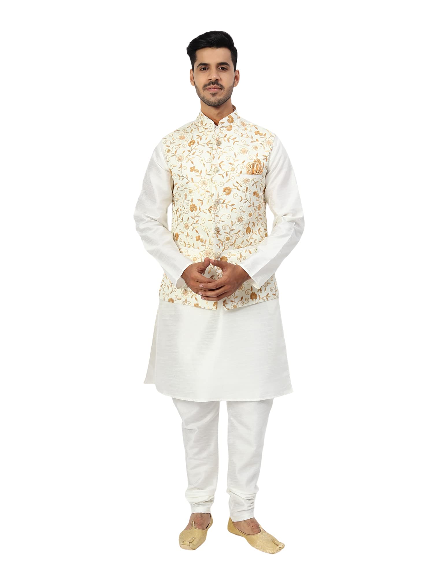 Uri and MacKenzie Men's Silk Blend Regular Kurta Churidar Pyjama with Bundi Nehru Jacket/Waistcoat