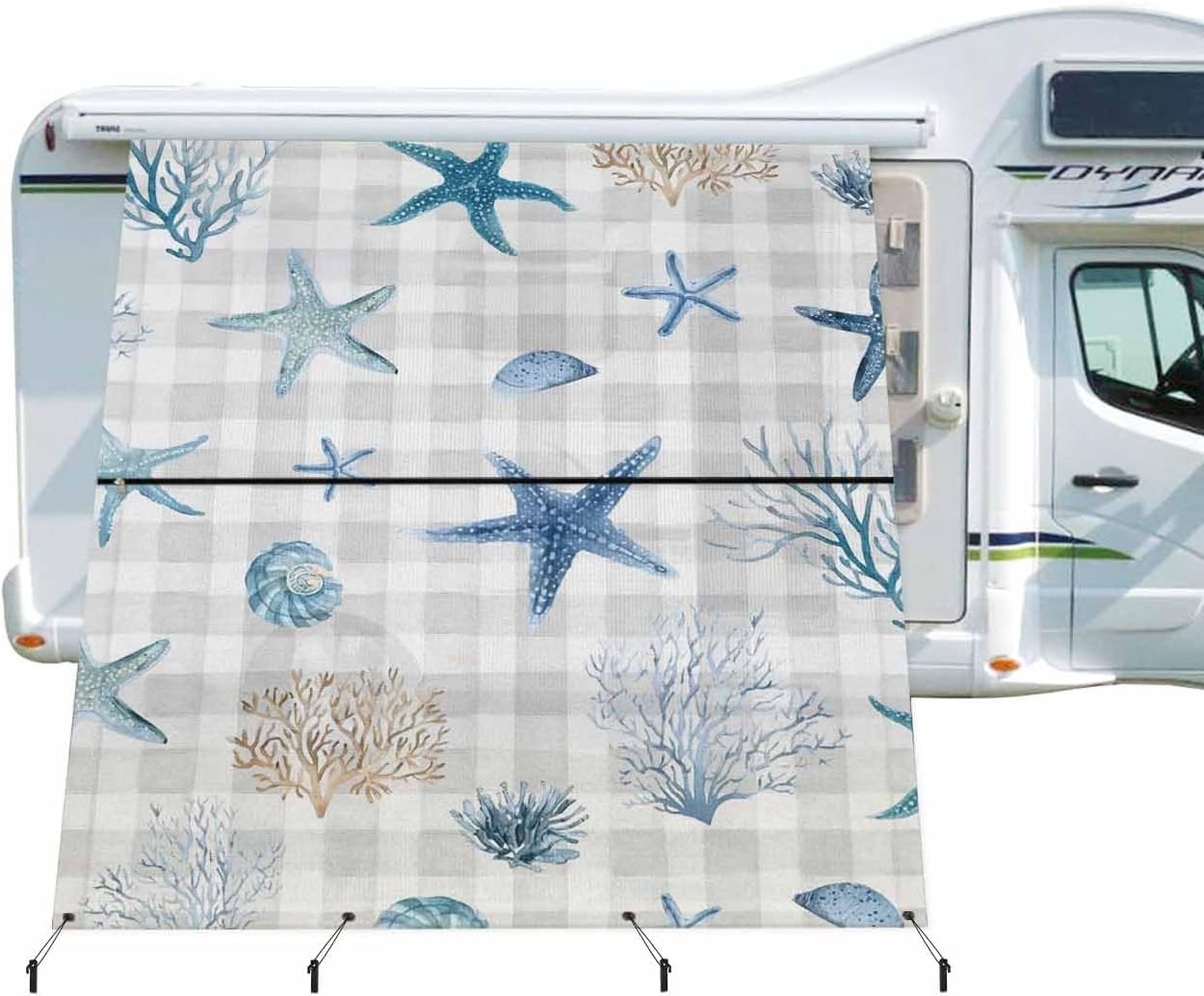Oceans Animal RV Awning Sun Shade Screen with Zipper 9'x7' Summer Blue Starfish Seanut Coral Seagrass Gray Plaid Mesh Sunshade UV Blocker Awning Shade Complete Kits for Motorhome Camper Travel Canopy