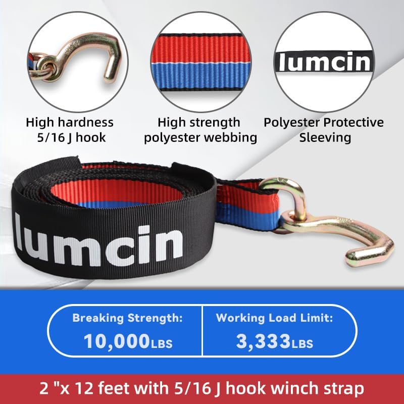 2" x 12‘ Winch Straps with 5/16 J-Hooks – 4 Pack，Heavy Duty Tie Down Straps for Trailers, Trucks, ATVs, Cargo Securing