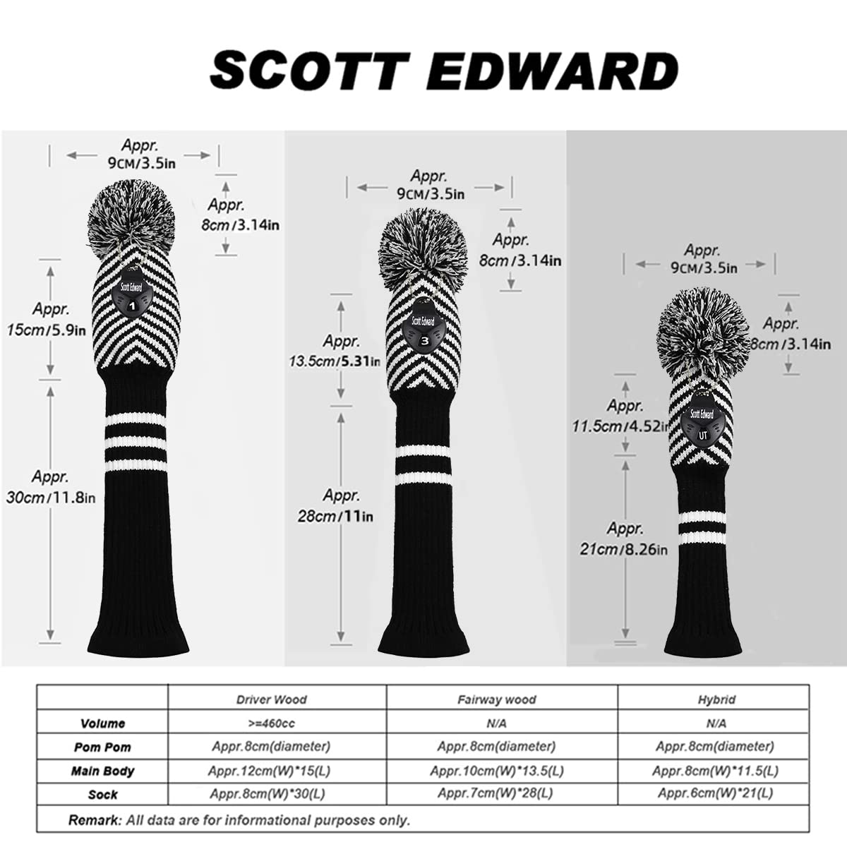 Scott Edward Lot de 3 Couvre-têtes de Golf pour Bois - Convient aux conducteurs (460 CC) - Fil Acrylique Hybride/UT avec Gros Pompons - Protège la tête du Club des Rayures et de la poussière