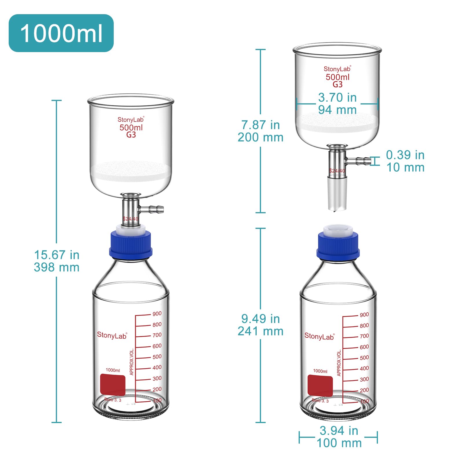stonylab Buchner Trichter Saugfiltrationsapparat mit PP Adapter, Borosilikatglas, 500 ml Trichter mit Feiner Fritte (G3) und 1000 ml Vorratsflaschen, 24/40 Schliff, für Laborgebrauch