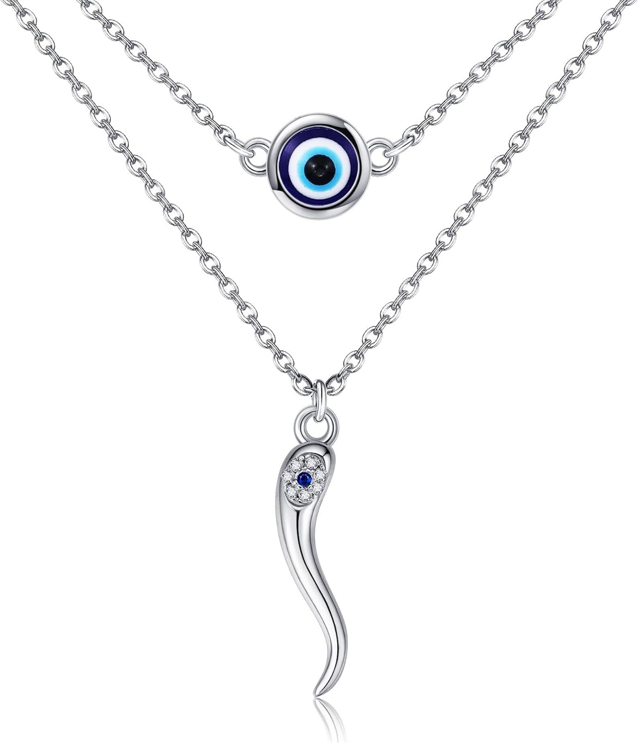 URONE Italian Horn Necklace Sterling Silver Lucky Cornicello Italian Horn Evil Eye Layered Necklace Protection Amulet Jewelry Gifts for Women