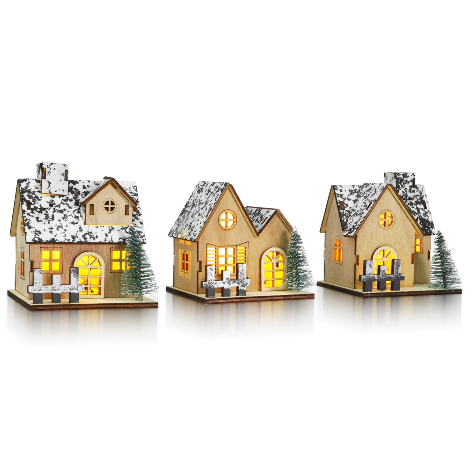 Hohopeti 3pezzi Casetta di Legno Natalizia Luci LED Villaggio di Case di Natale Decorazione per Casa di Natale in Legno