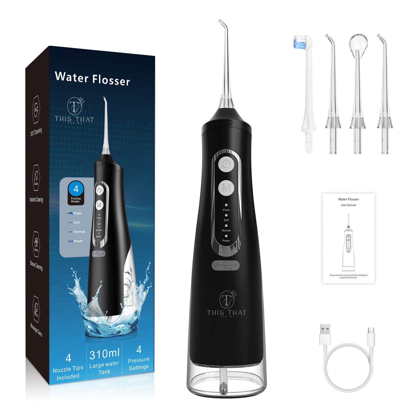 TTFM Electric Dental Water Flosser for Teeth Gums Braces, Dental Portable Oral Flosser, 4 Pressure Modes, 310ml Tank Capacity, Rechargeable IPX7