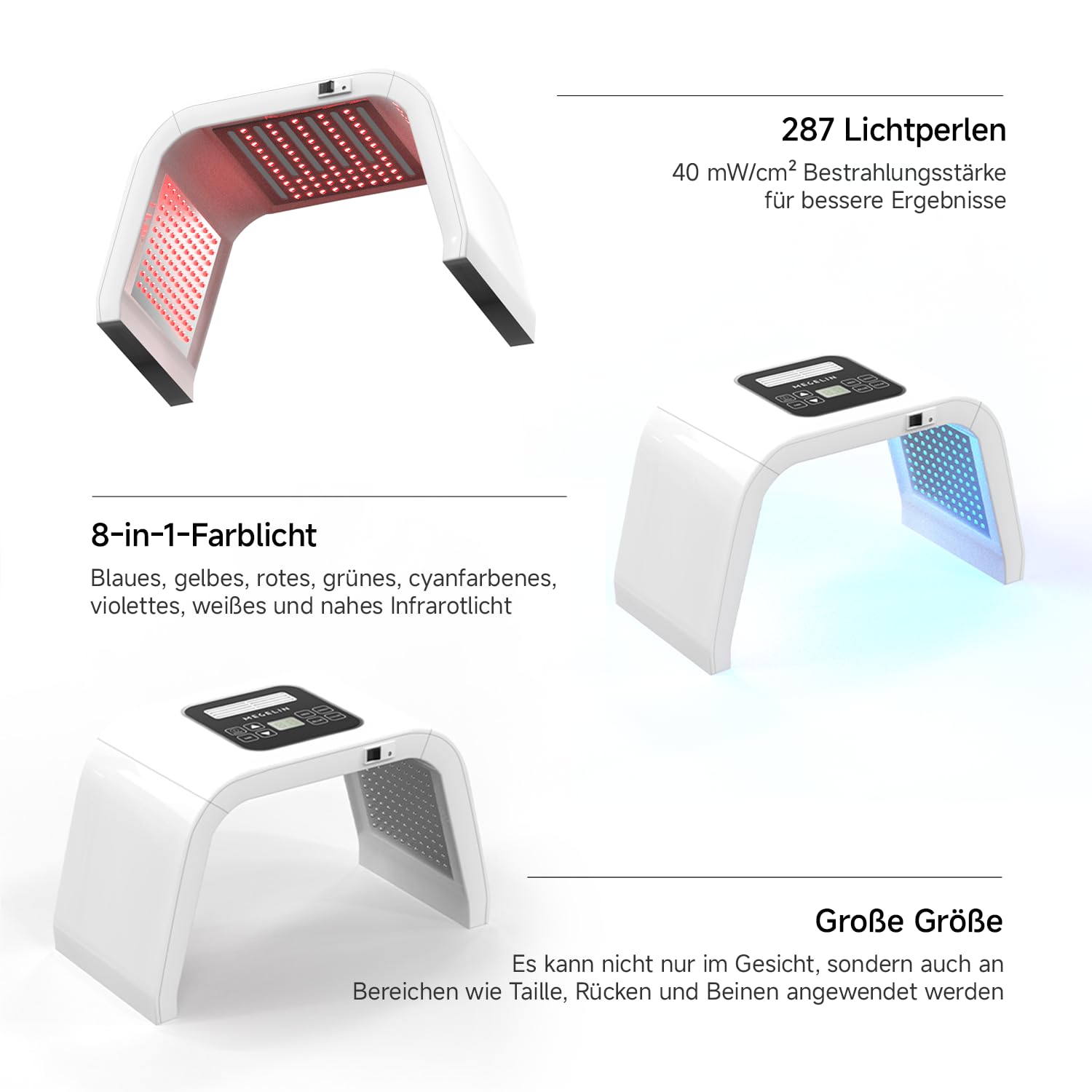 MEGELIN LED Lichttherapiegerät mit 8 Farben, U-förmige Infrarot Rotlichtlampe für Gesicht,Lichttherapie LED-Gesichtsmaske, Rücken & Körper