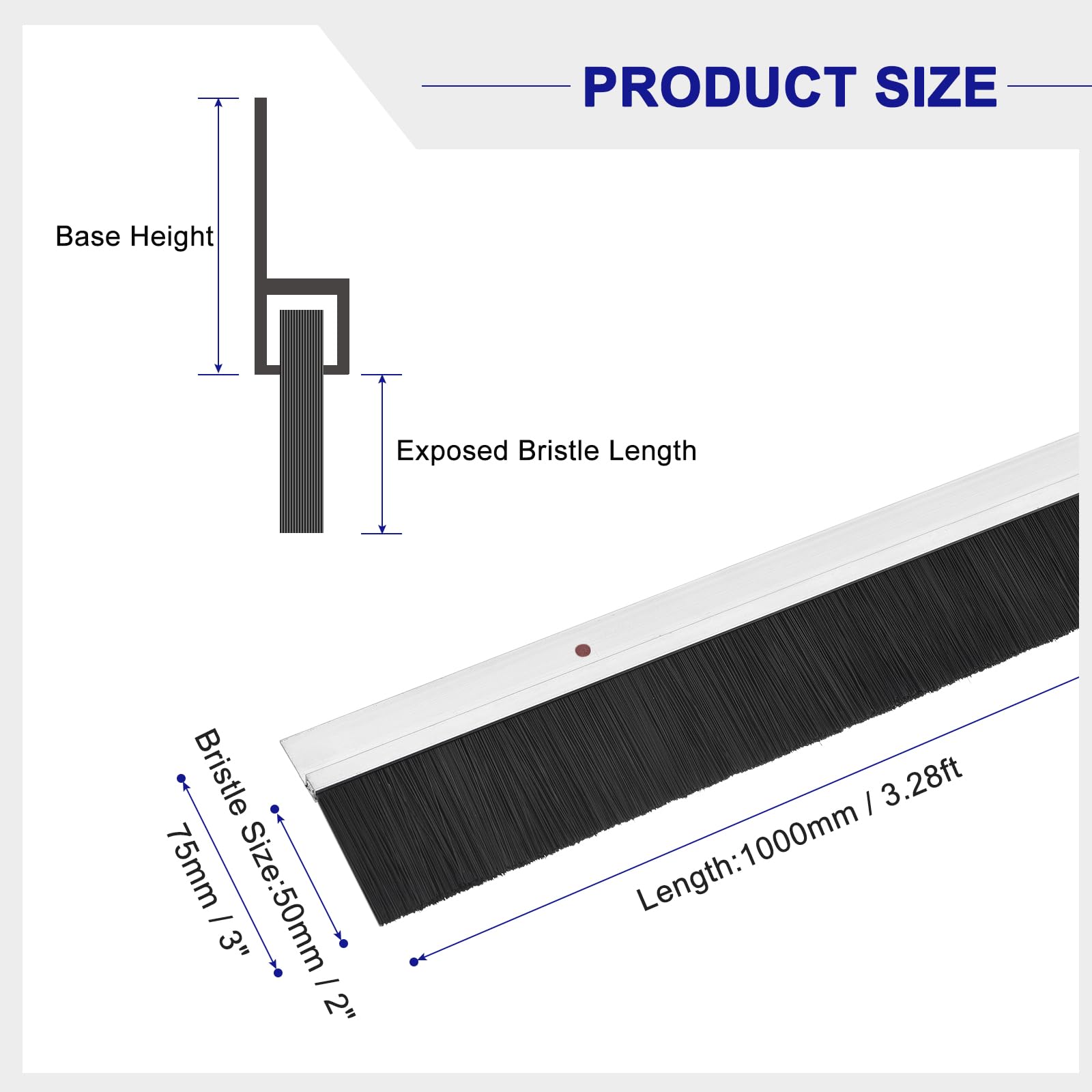 sourcing map 2Pcs Cepillo de Puerta con Base de Aleación de Aluminio en Forma de H y Cerdas de Nylon de 50mm para Hogar, Industrial (1000mm L x 75mm A, Plata)