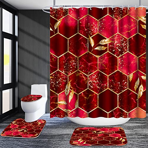 Poedist 4 Pcs Bathroom Shower Curtain Set,Red Honeycomb Marble Bathroom Sets With Rugs(Bath Mat,U Shape And Toilet Lid Cover Mat) And 12 Durable Hooks #TOP3