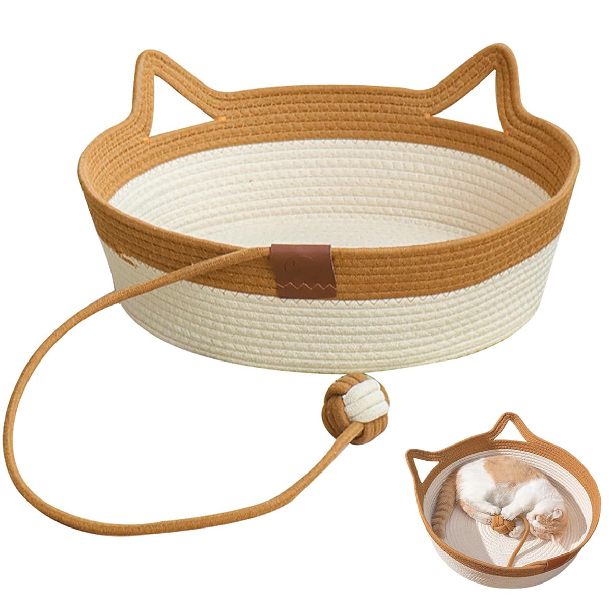 WUMEIJIAJU Cotton Rope Cat Bed Basket, Woven Cat Bed with Scratching Ball Toy