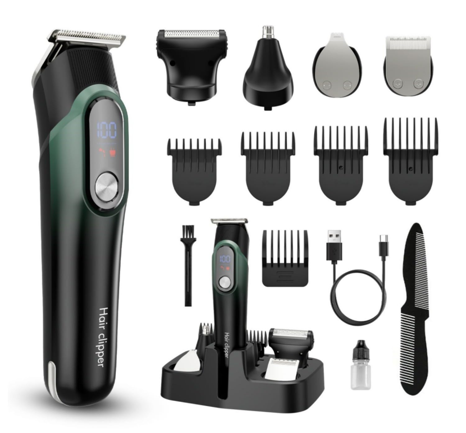Beard Trimmer for Men, 5-in-1 Cordless Electric Razor for Nose Body Face Mustache, Professional Hair Clippers Shavers Grooming Kit, LED Display, Travel Lock, Gifts for Men