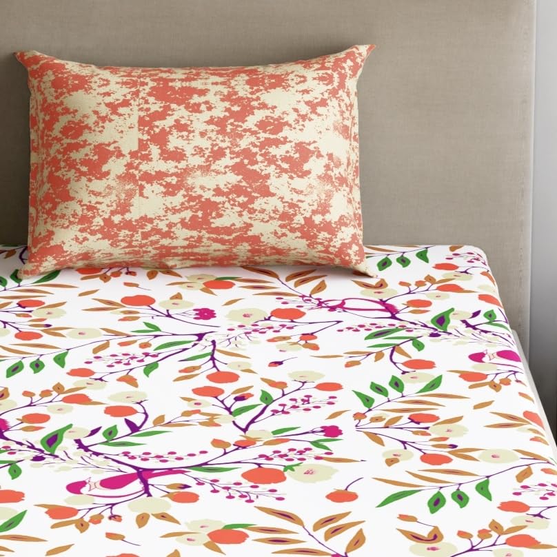 Image of Dreamscape 100% Cotton Bedsheet for Single Bed, 186 TC, 1 Bed Sheet (Size 59 x 87 inches) with 1 Pillow Cover - Orange