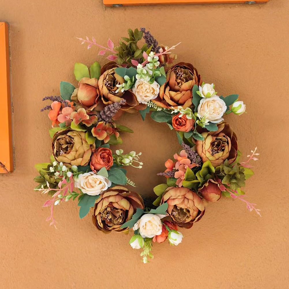KiraKira Couronne de printemps décorative en plastique avec pivoines, hortensias, baies pour usage extérieur et intérieur