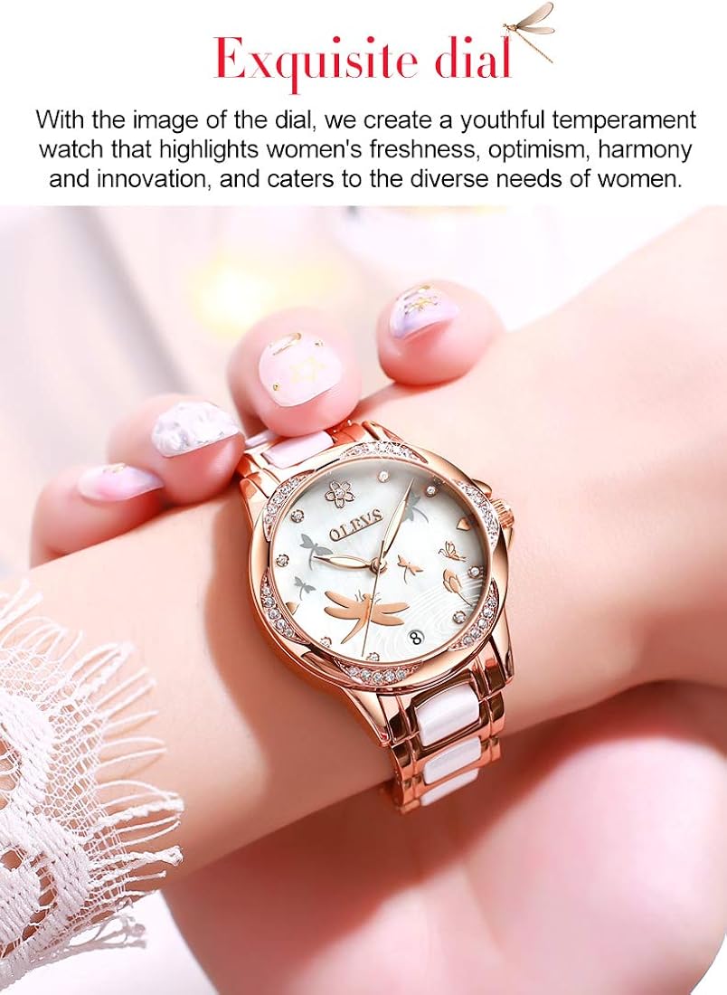 OLEVS Orologio da donna automatico alla moda con cinturino in ceramica analogico con diamanti eleganti in acciaio inossidabile con data oro rosa orologio da polso da donna OLEVS Orologio da donna automatico alla moda con cinturino in ceramica analogico con diamanti eleganti in acciaio inossidabile con data oro rosa orologio da polso da donna