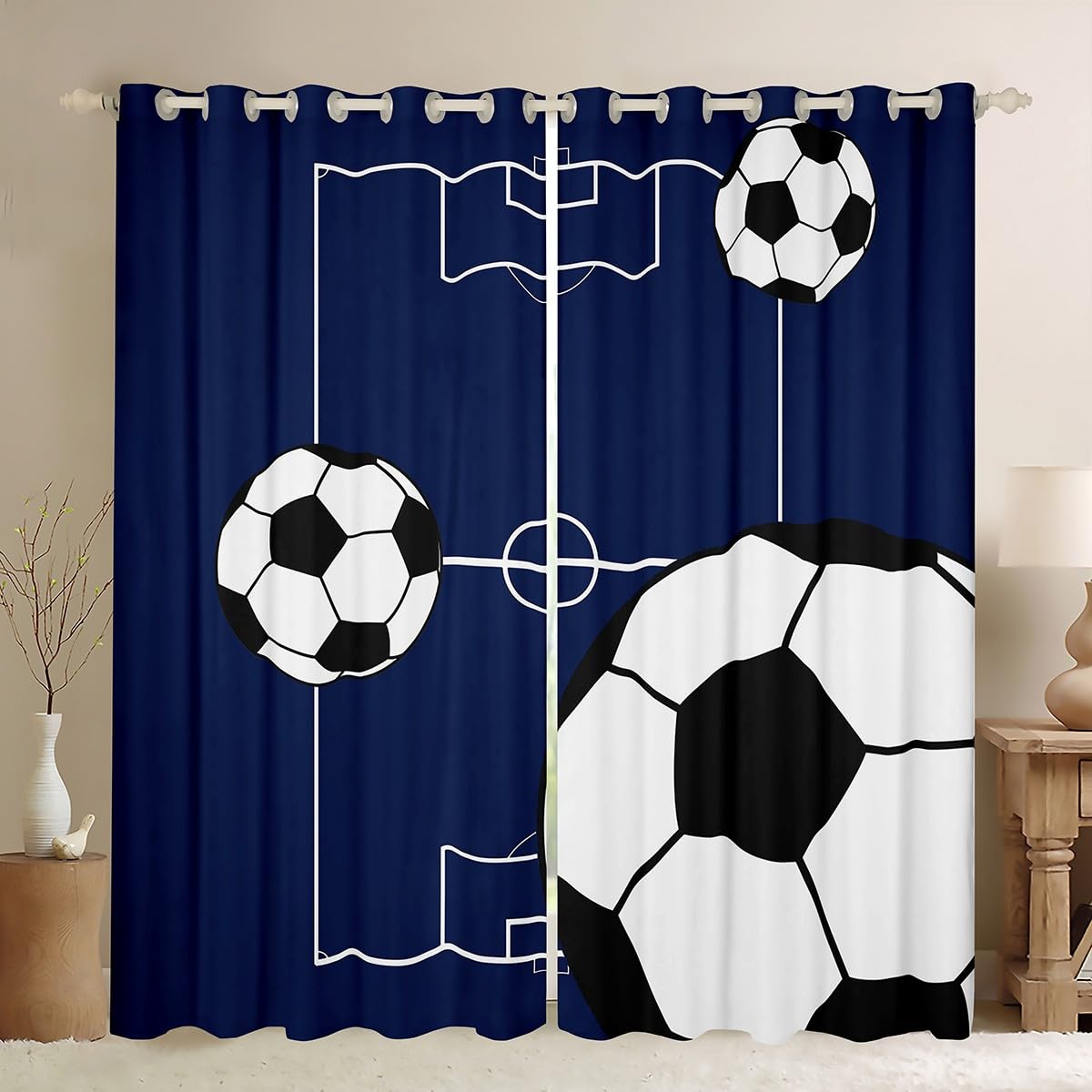 Homewish Football 46 x 54 Inch Blackout Curtains for Living Room - Navy Blue Sports Themed Eyelet Curtains for Teens Boys Bedroom Dorm - Football Pitch Design Darkening Window Drapes 2 Panels — image 1