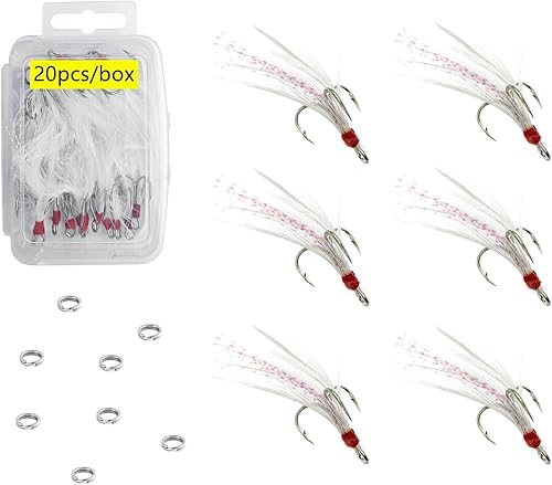 Miniatura 1 de 20 anzuelos de pesca redondos de níquel negro con plumas, 3 anzuelos de pesca fuertes y afilados, tamaño 4  6  8  10, plumas rojasnegroblanco