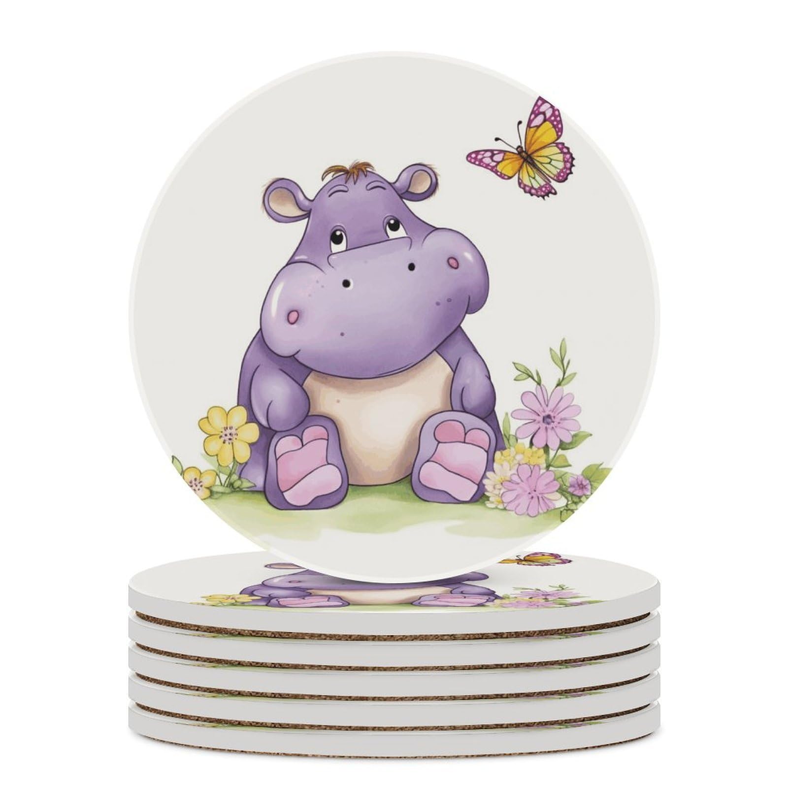 Butterfly and Hippo Coaster with Cork Base Drink Coasters for Coffee Table Decor Modern Cup Coasters with Non-Slip & Heat-Resistant Cute Ceramic Table Coaster for Home Dining