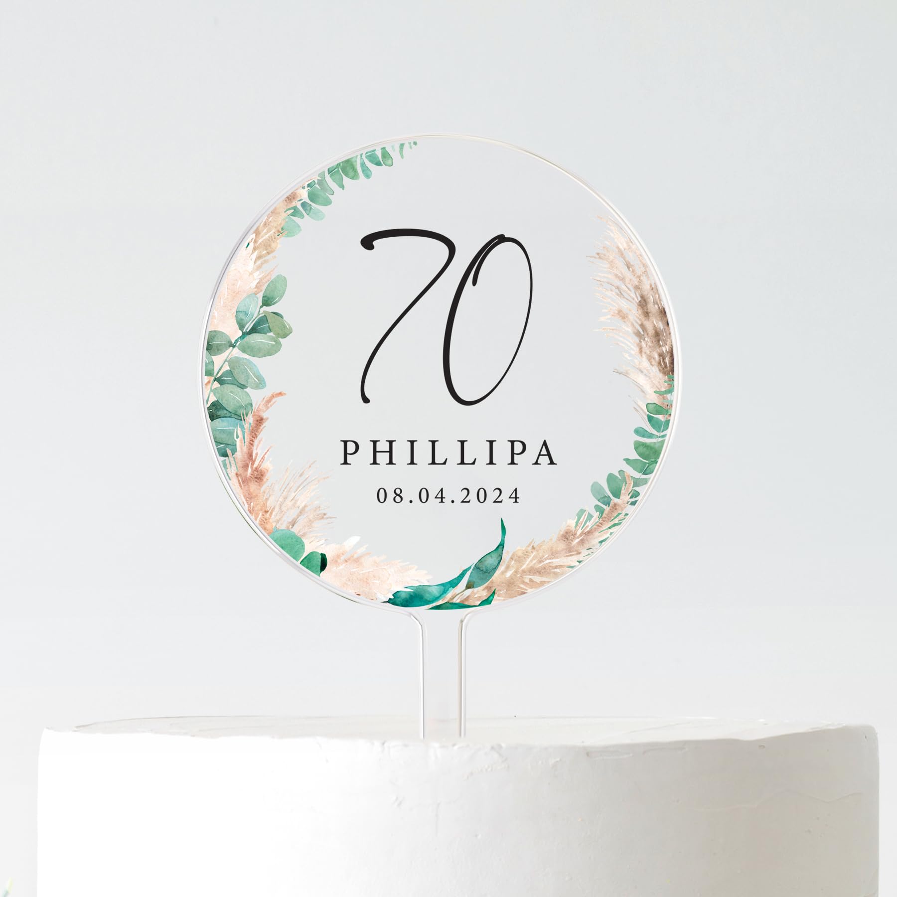 Personalised Birthday Cake Topper | Custom Age & Name Cake Decoration | Acrylic Round Cake Topper | 10cm or 12cm | Black or White Tex (Pampass Wreath 70, 10CM)