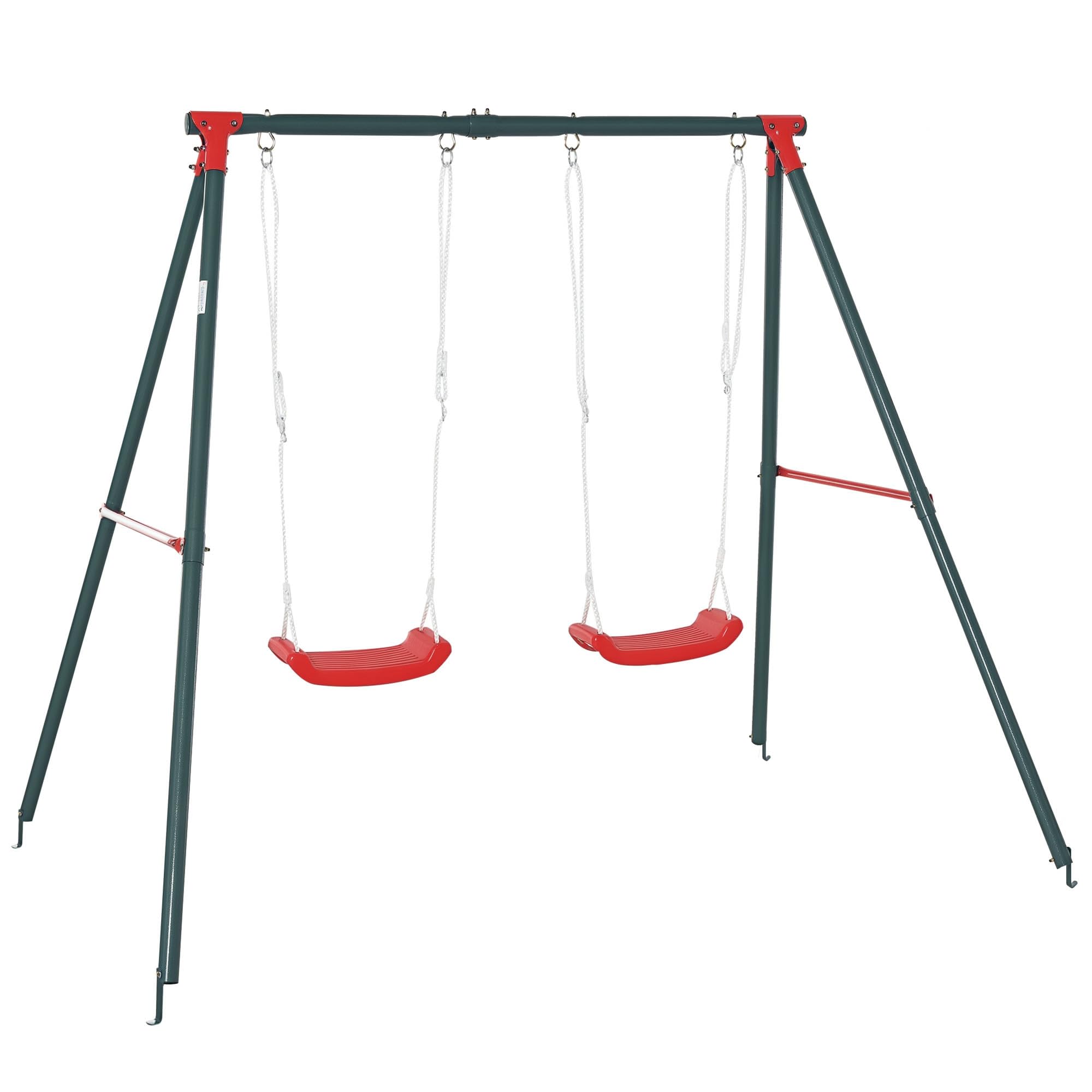 Outsunny Balançoire double pour enfants + 3 ans avec support en métal Jeu de balançoire pour enfant Corde réglable extérieure Charge max. 40 kg 220 x 160 x 180 cm Vert Rouge